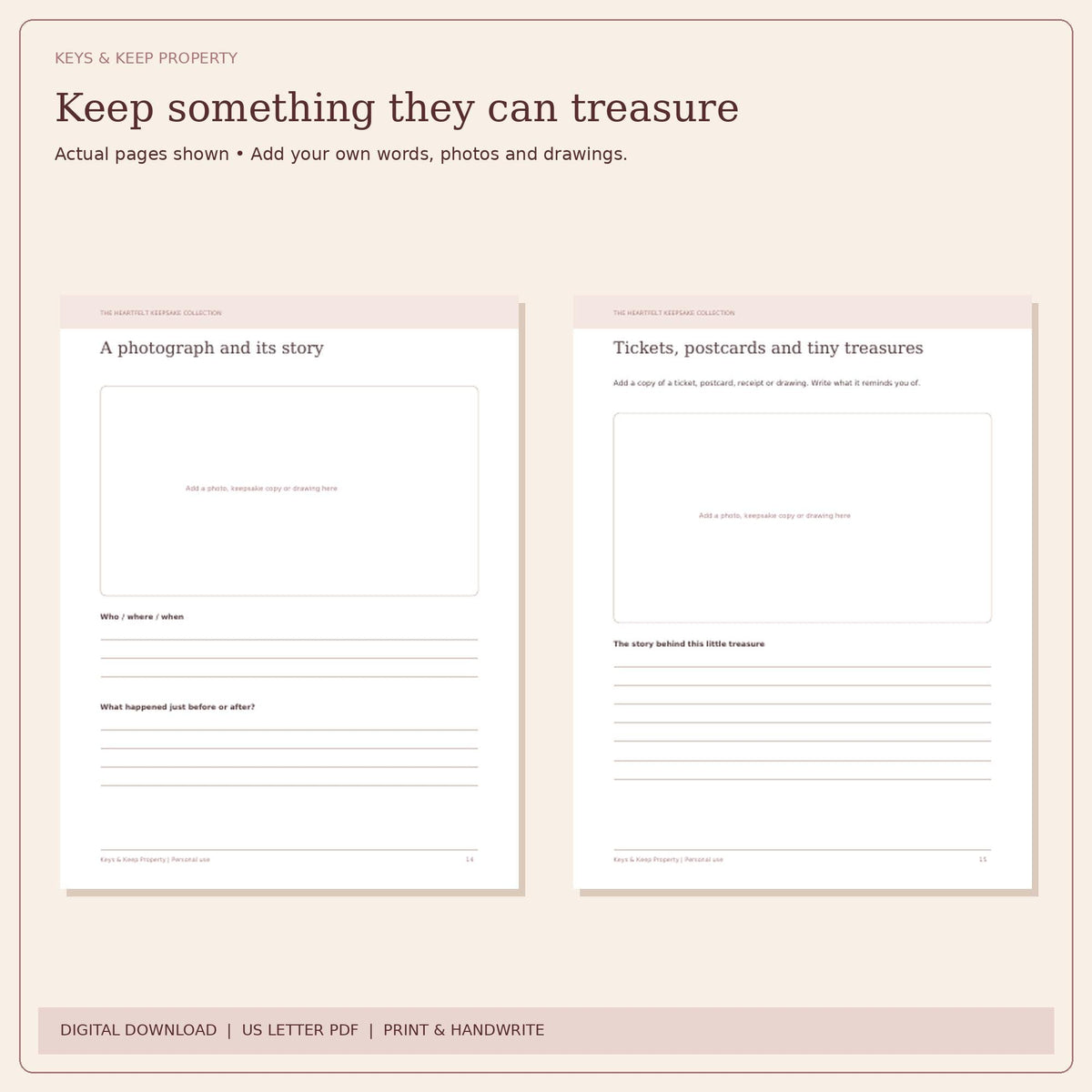 Vacation keepsake pages for A photograph and its story and Tickets, postcards and tiny treasures.