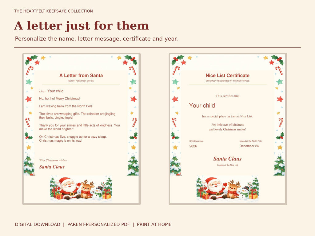 Letter from Santa Printable Kit for Toddlers | Editable PDF, Nice List, Certificate, Door Hanger and Reindeer Postcard