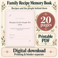 Recipes and the People We Love cover beside a 20-page badge, framed by delicate green leaves and gold details.