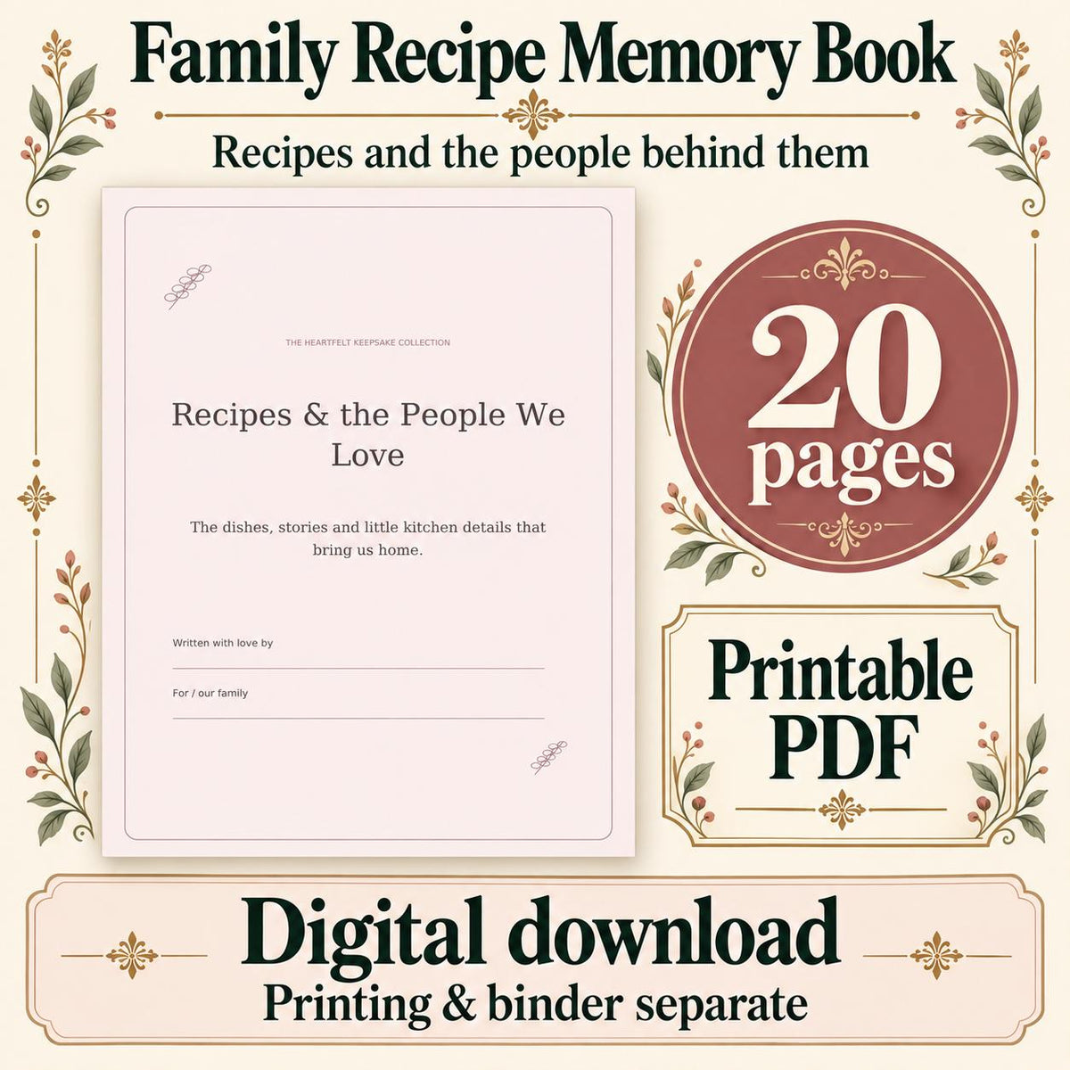 Family Recipe Memory Book Printable | Recipes & the People We Love | 20-Page PDF