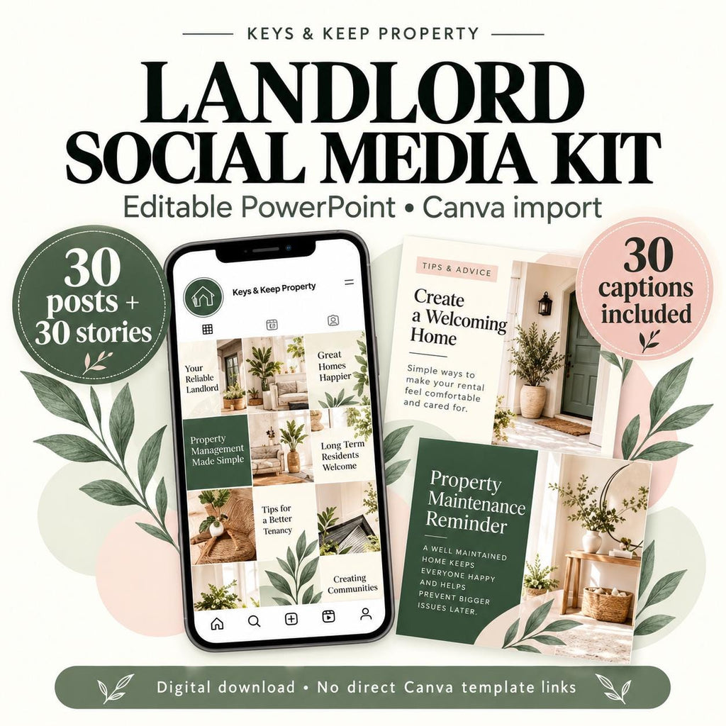 Landlord Social Media Kit | 30 Posts & 30 Stories, Editable PowerPoint for Canva Import