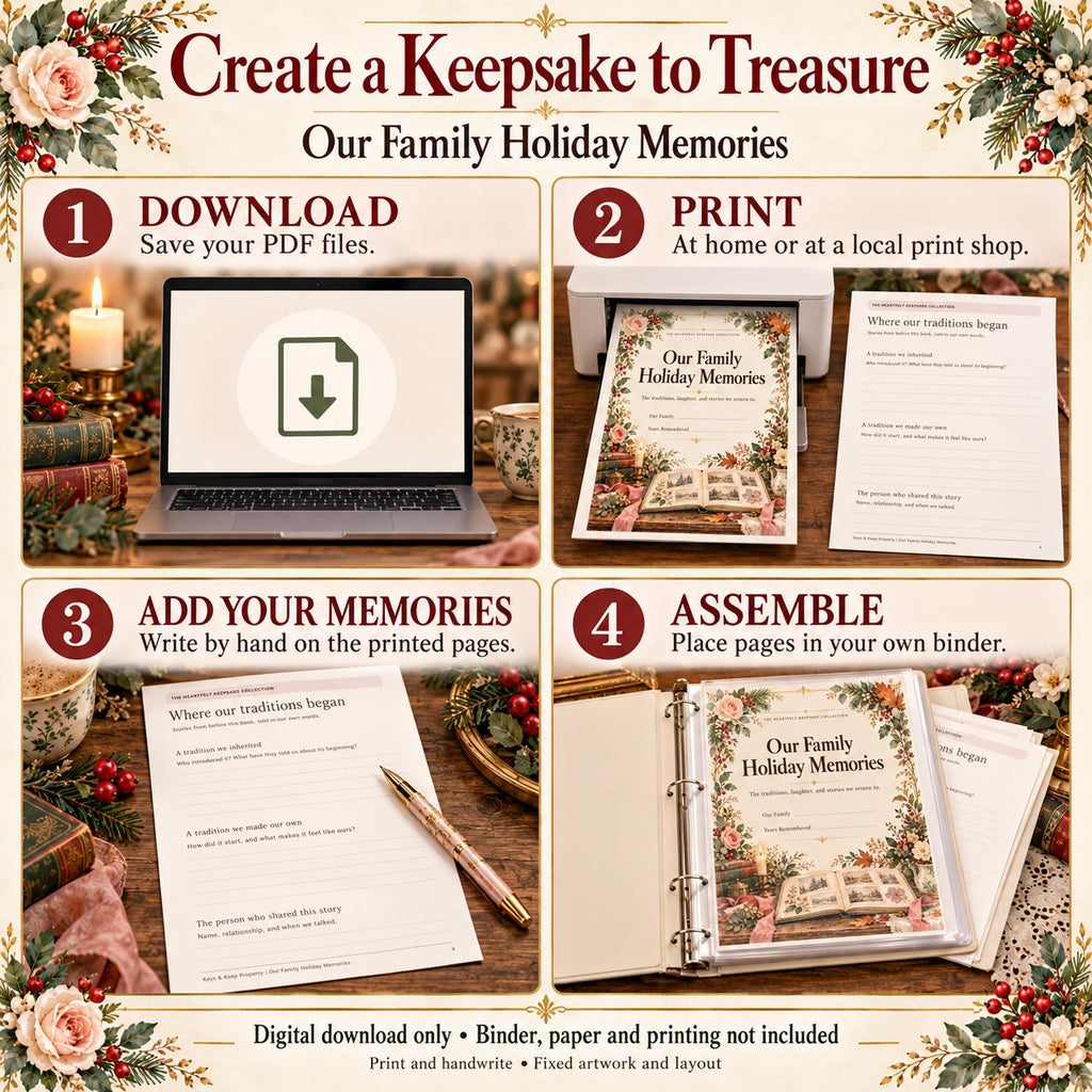 Family Holiday Memory Book Printable | Annual Traditions, Photos and Stories | 16-Page Victorian Keepsake PDF