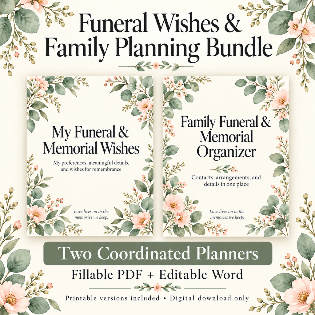 Funeral & Memorial Planner Bundle | Wishes Book + Family Organizer, Fillable PDF + Editable Word