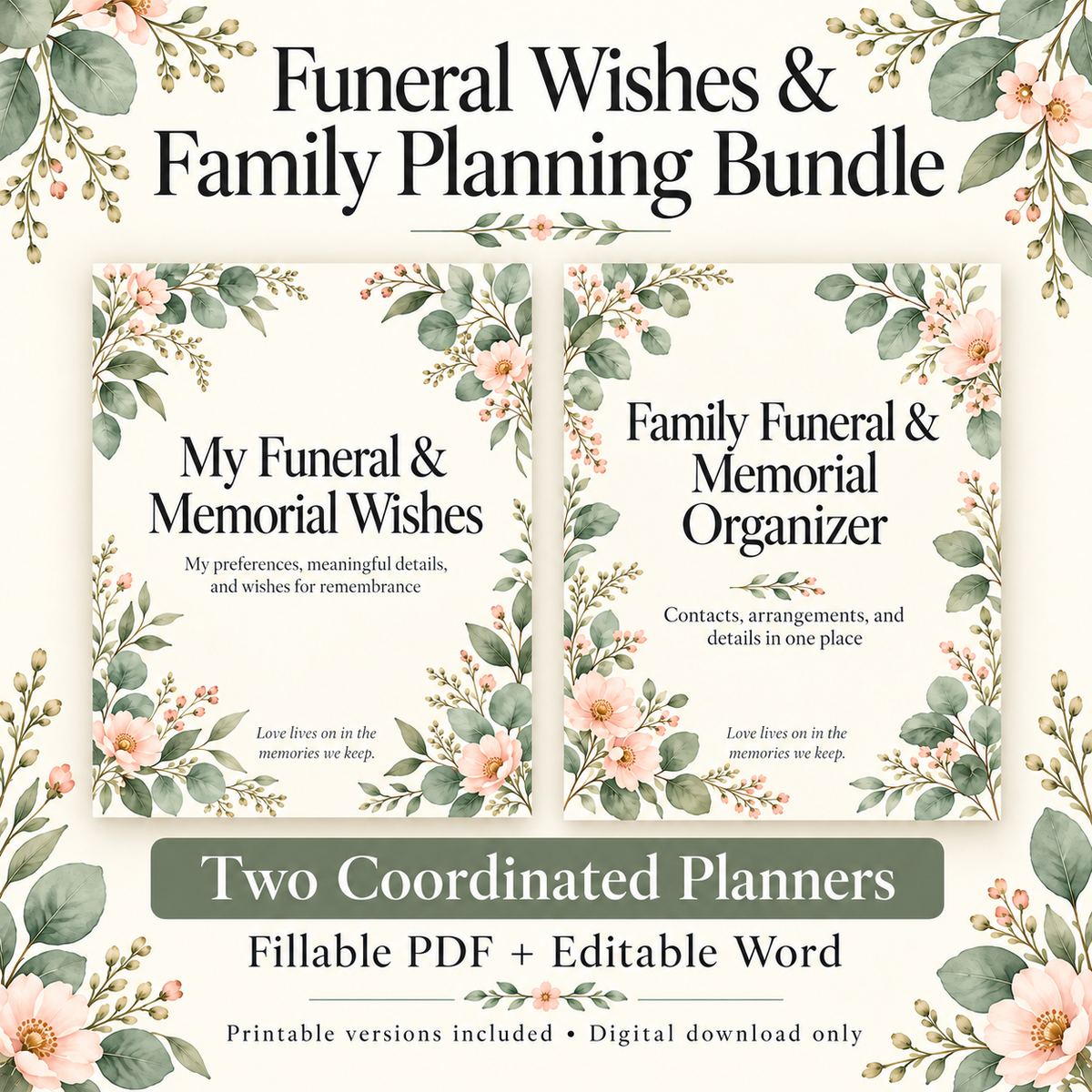 Funeral & Memorial Planner Bundle | Wishes Book + Family Organizer, Fillable PDF + Editable Word