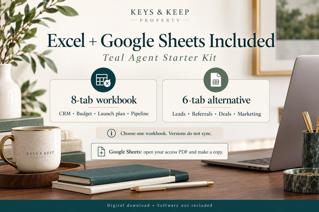 Real Estate Agent Starter Kit | Excel + Google Sheets CRM, Client Forms, Canva Cards & Social Posts | Teal Sage Walnut