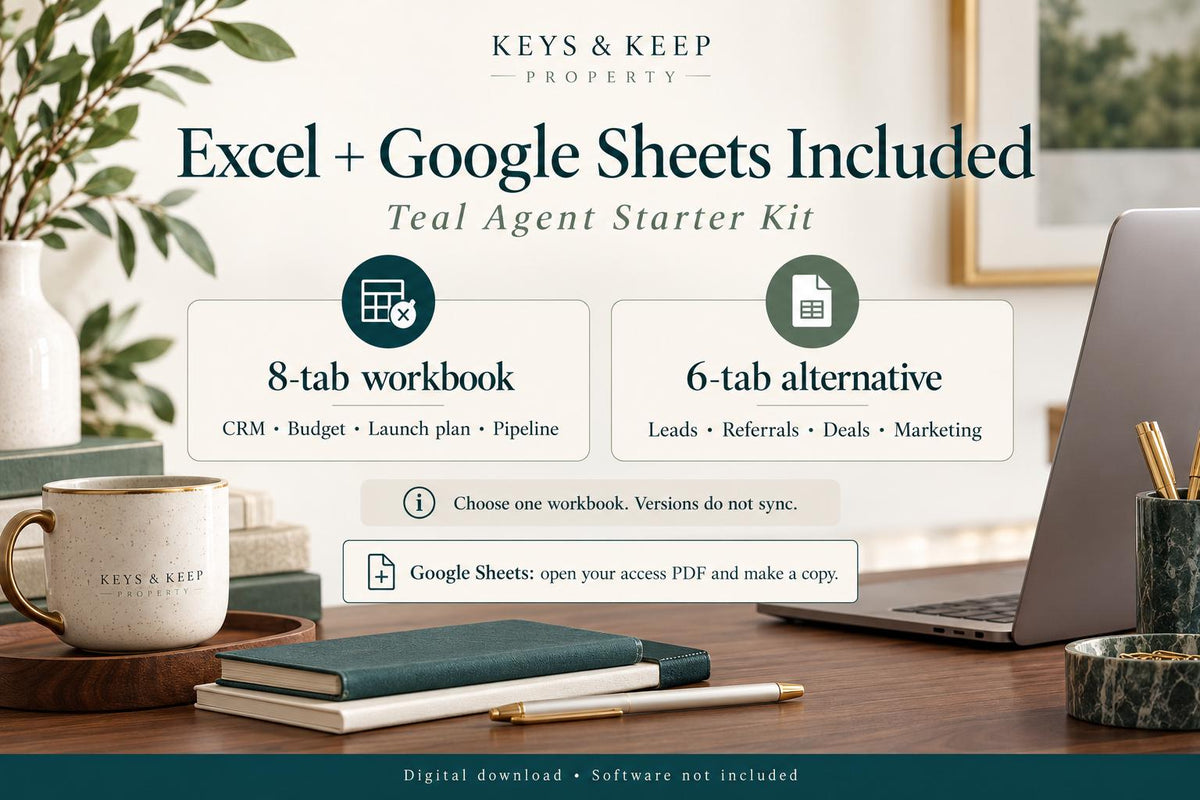 Real Estate Agent Starter Kit | Excel + Google Sheets CRM, Client Forms, Canva Cards & Social Posts | Teal Sage Walnut