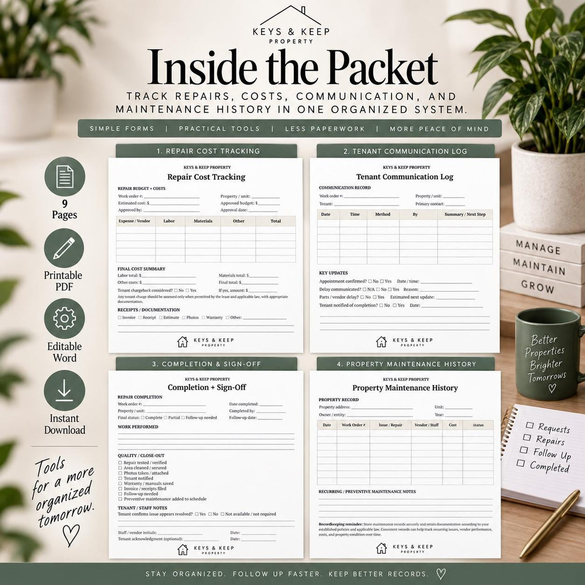 Landlord Maintenance Packet | 9-Page Repair & Vendor Tracker, Editable Word + Printable PDF