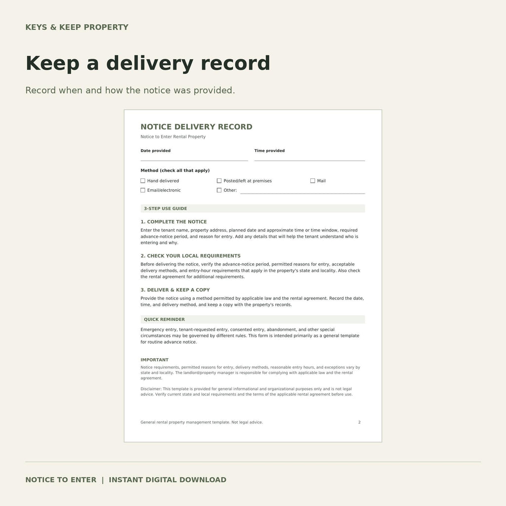 Notice Delivery Record preview with date, time, delivery methods, and a three-step guide.