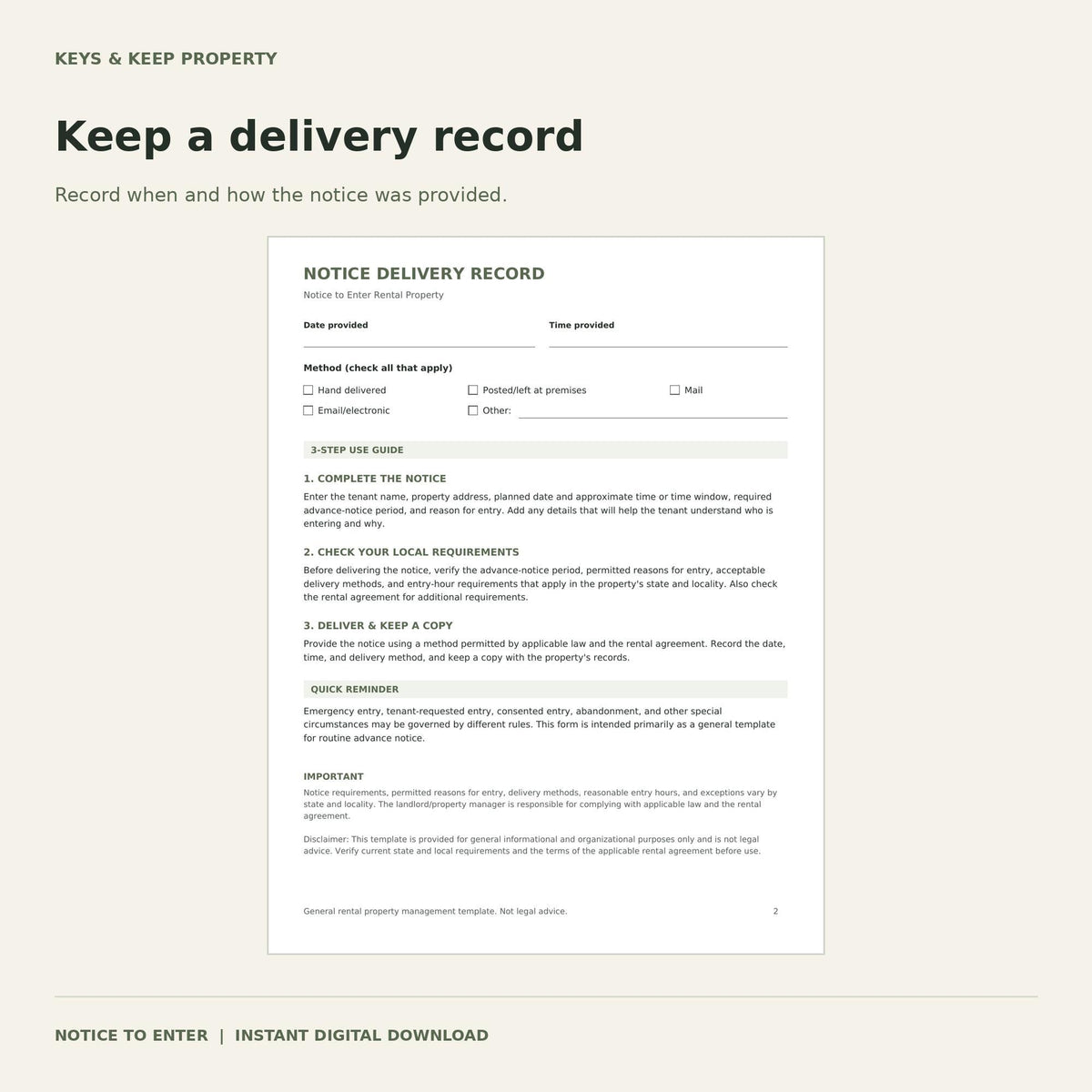 Notice to Enter Rental Property | 2-Page Printable & Fillable PDFs, Landlord Entry Form