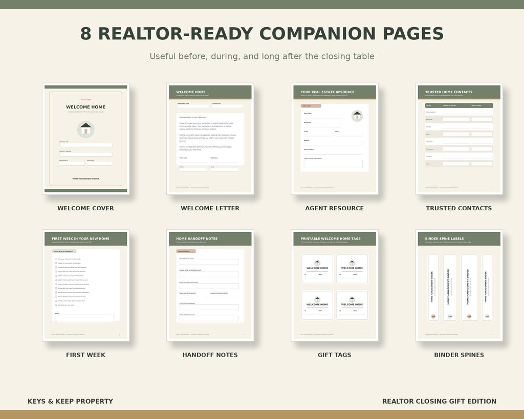 Eight realtor companion previews: cover, welcome letter, agent resource, contacts, first week, handoff, tags, and spines.