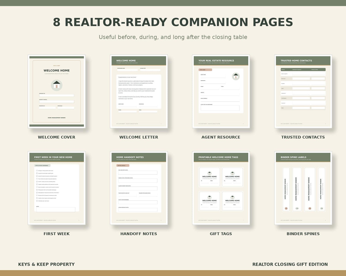 Eight realtor companion previews: cover, welcome letter, agent resource, contacts, first week, handoff, tags, and spines.