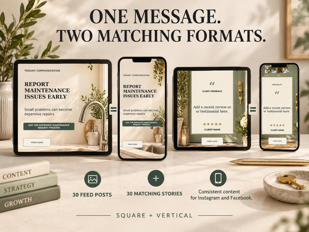 Landlord Social Media Kit | 30 Posts & 30 Stories, Editable PowerPoint for Canva Import