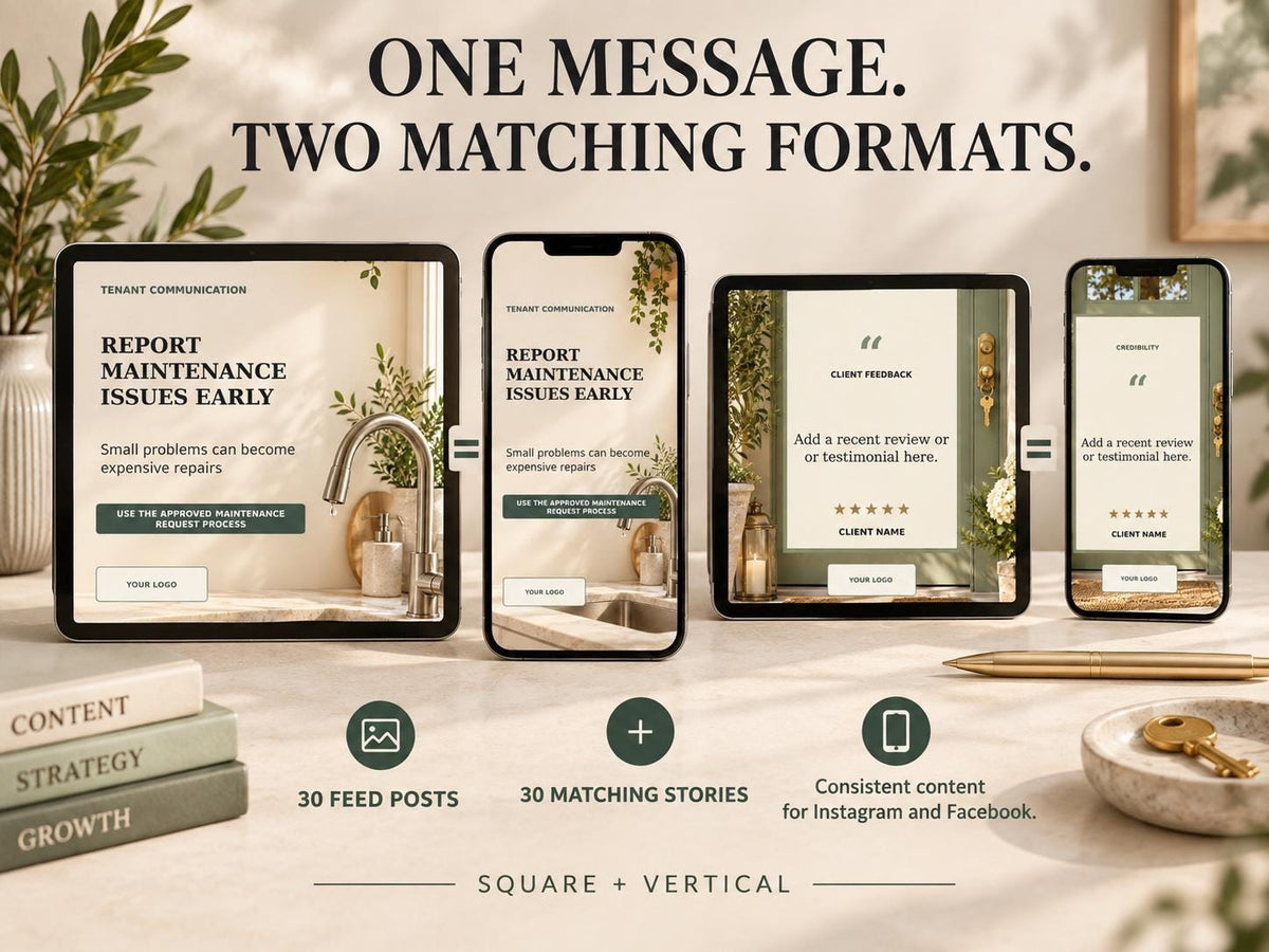 Landlord Social Media Kit | 30 Posts & 30 Stories, Editable PowerPoint for Canva Import