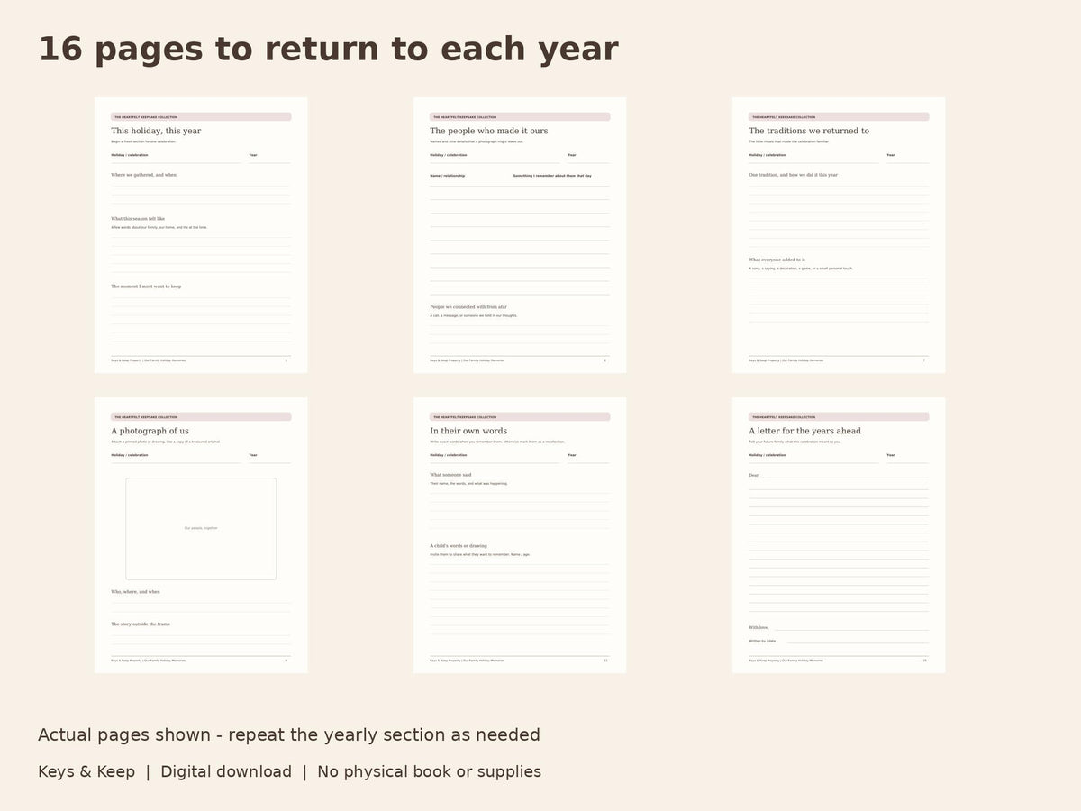 Family Holiday Memory Book Printable | Annual Traditions, Photos and Stories | 16-Page Victorian Keepsake PDF