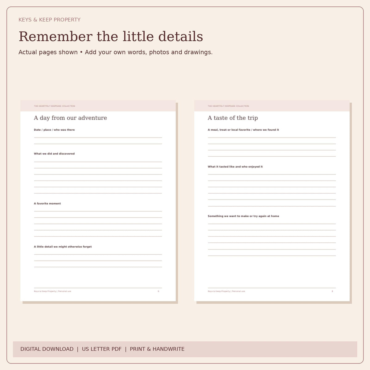 Family Vacation Memory Book Printable | Travel Journal, Trip Stories and Photo Pages | 20-Page PDF