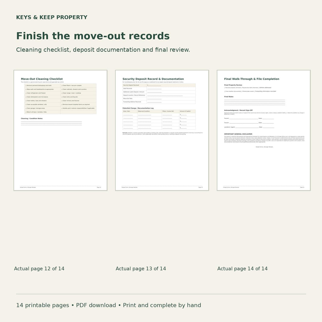 Landlord Move-In Move-Out Packet | Property Condition, Keys and Handoff Records | 14-Page Printable PDF