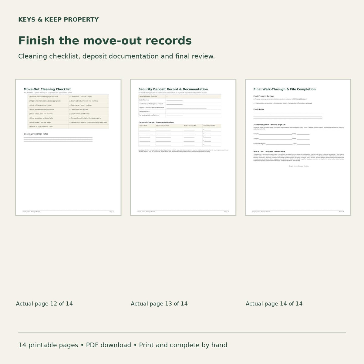 Landlord Move-In Move-Out Packet | Property Condition, Keys and Handoff Records | 14-Page Printable PDF