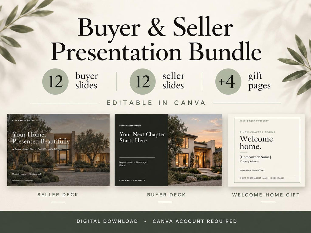 Buyer and Seller Presentation Bundle graphic with seller and buyer covers, a welcome print, and slide-count badges.