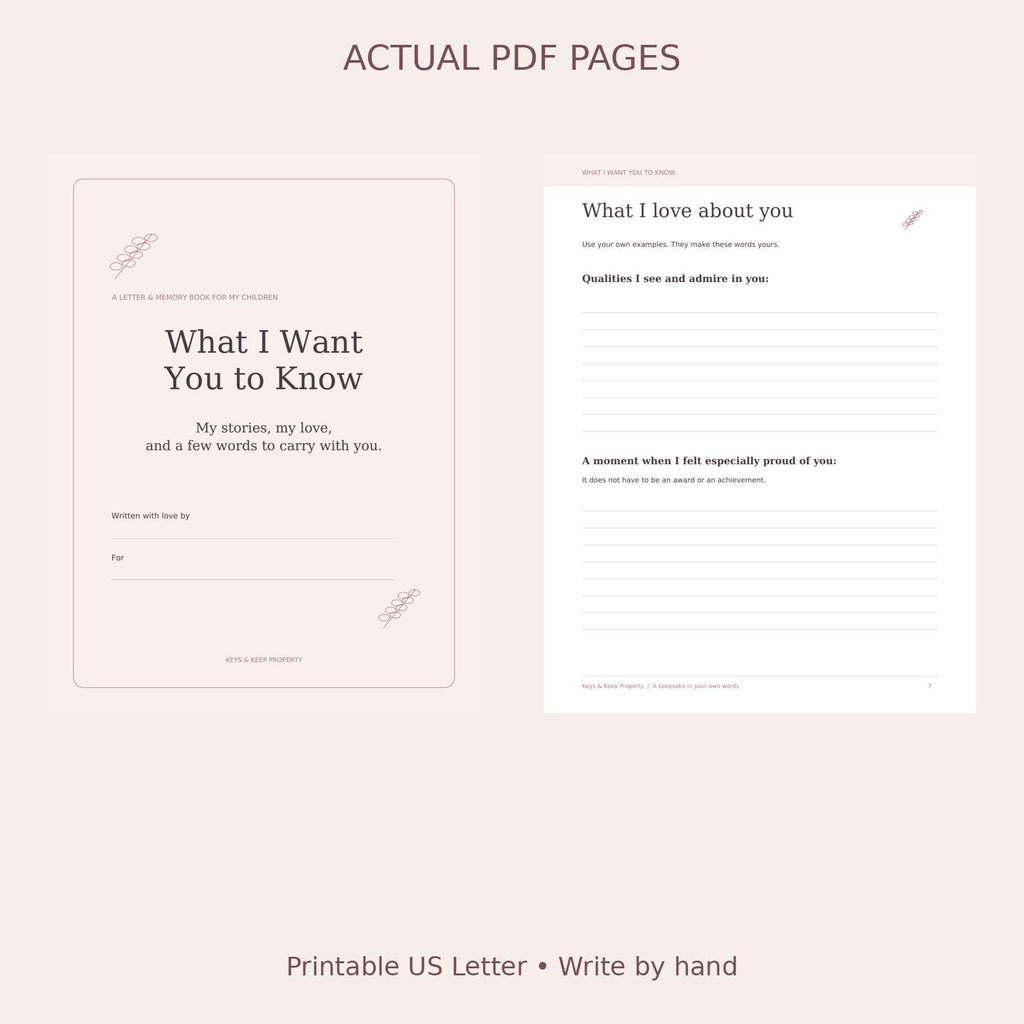 Letters to My Children Printable Journal | Parent Memories, Life Stories and Keepsake Letters | 22-Page PDF