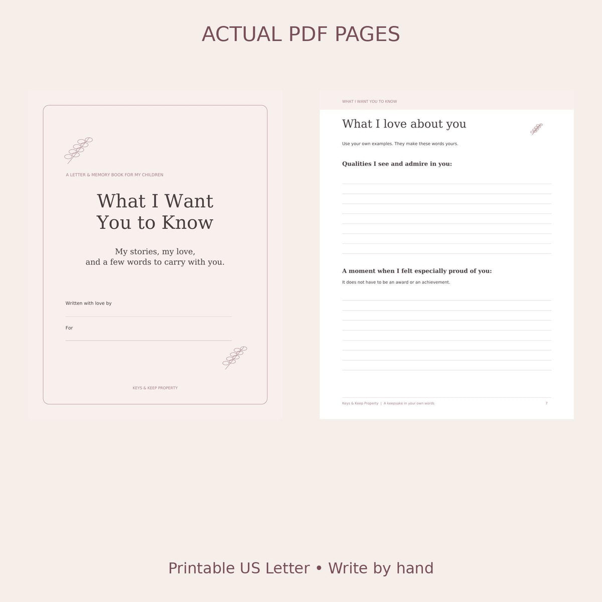 Letters to My Children Printable Journal | Parent Memories, Life Stories and Keepsake Letters | 22-Page PDF