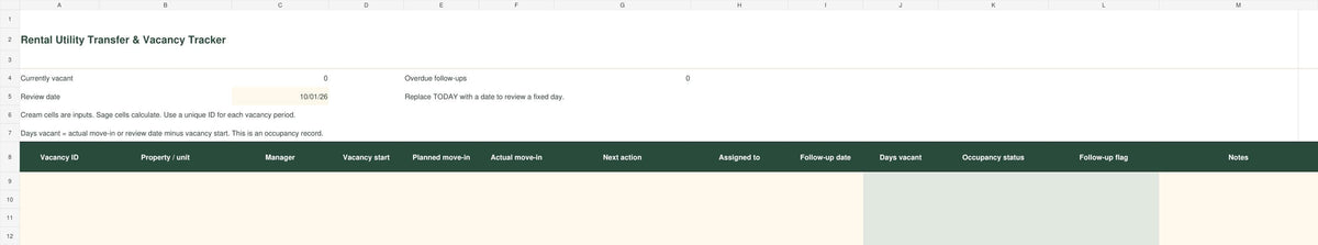 Rental Utility Transfer & Vacancy Tracker | Excel + Google Sheets Landlord Spreadsheet + Checklists