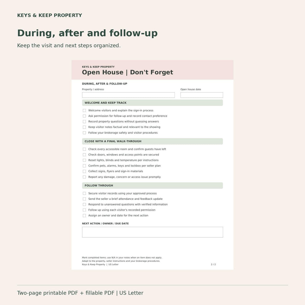 Open House Checklist for Realtors | 2-Page Printable and Fillable PDF | Prep, Hosting and Follow-Up