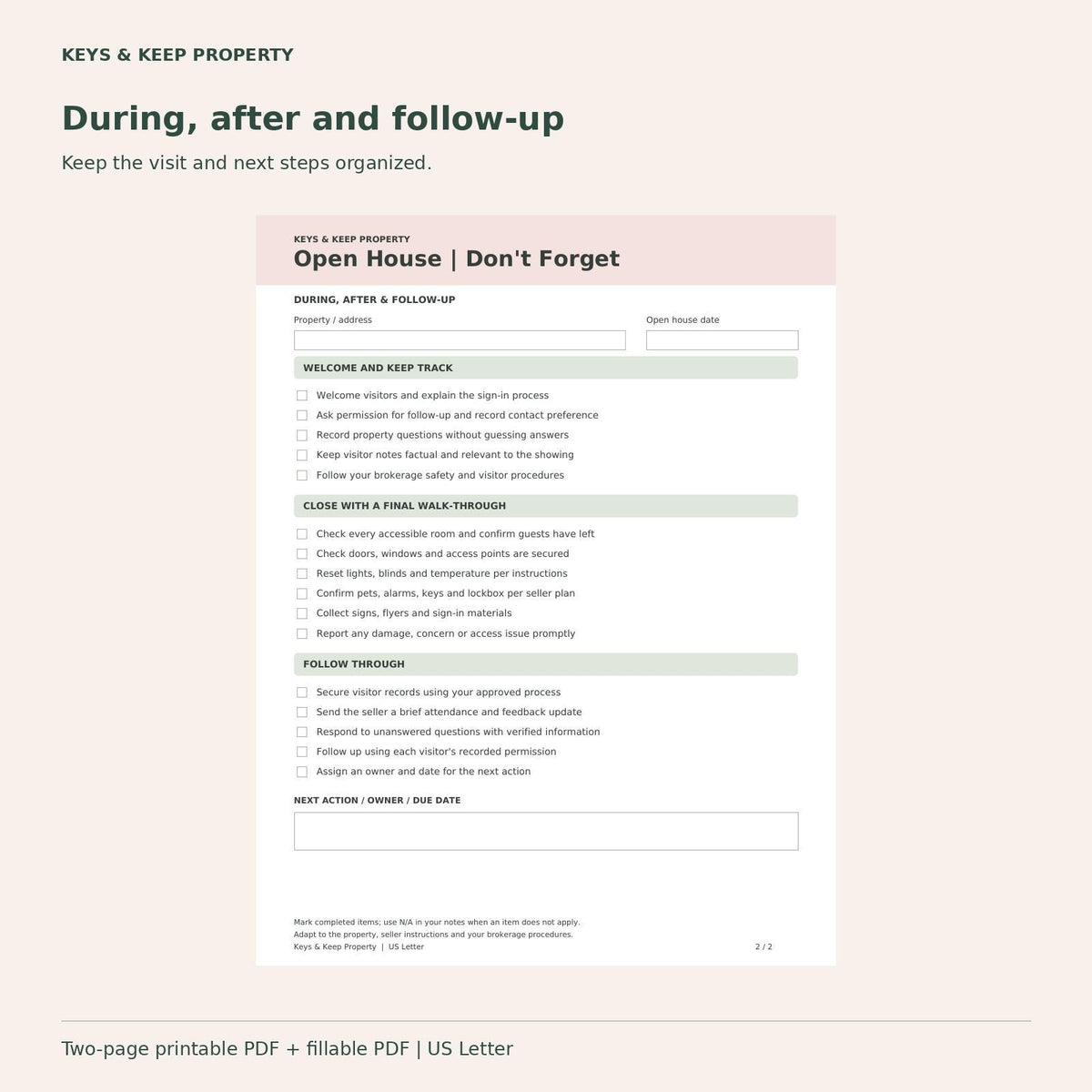 Open House Checklist for Realtors | 2-Page Printable and Fillable PDF | Prep, Hosting and Follow-Up