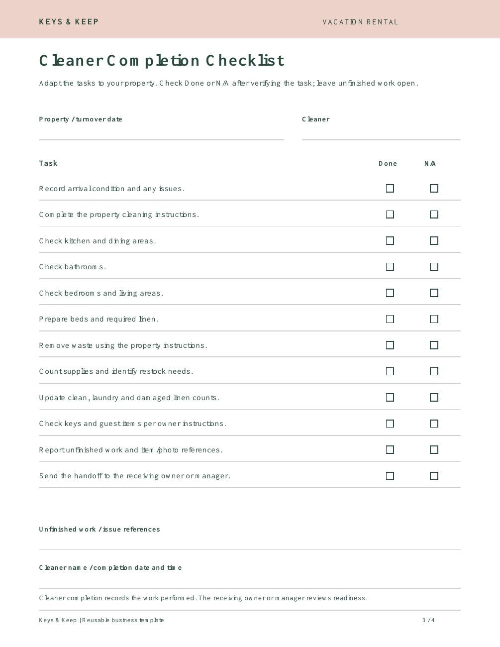 Vacation Rental Restock & Cleaner Handoff Tracker | Excel and Google Sheets + Printable Checklists