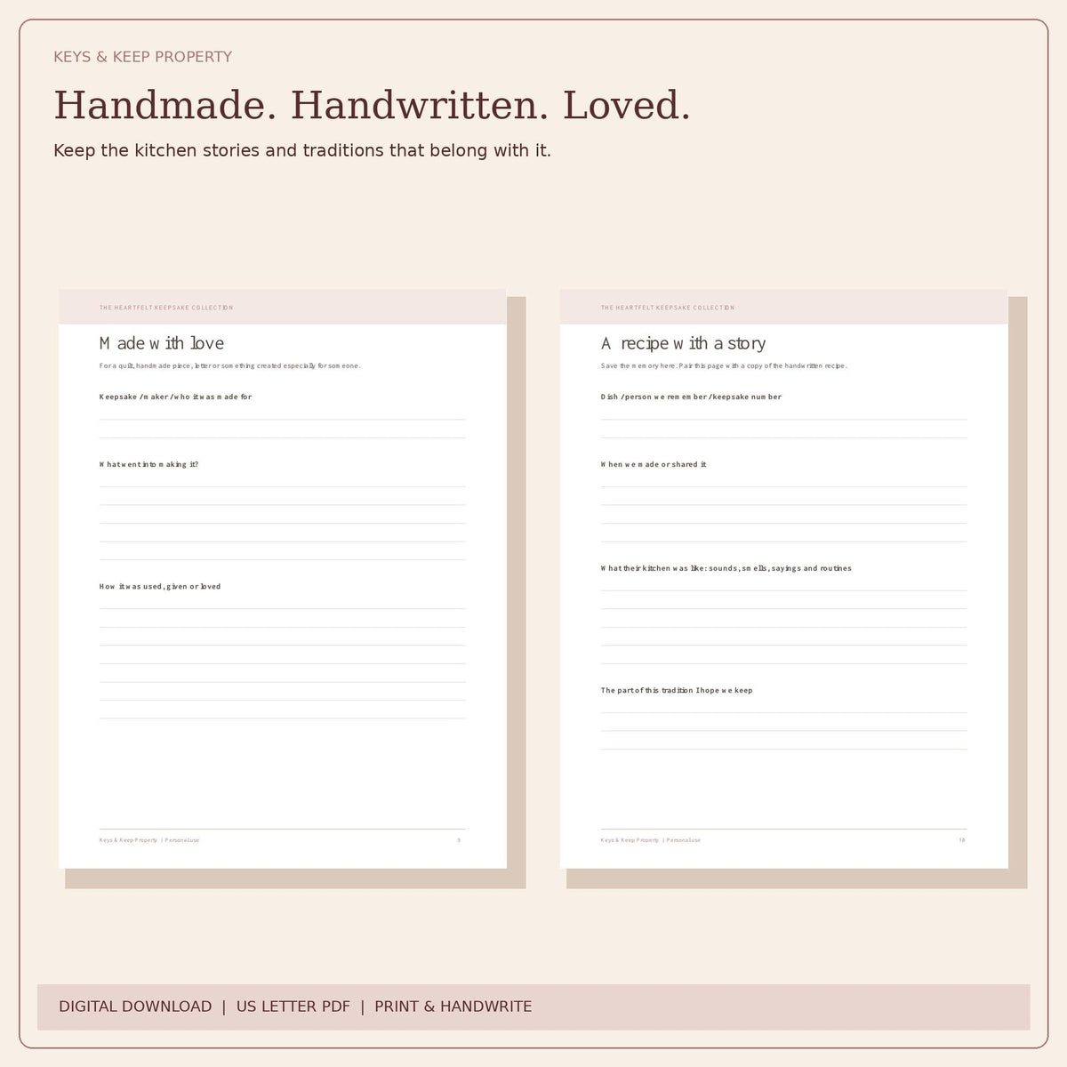 Family Keepsake Journal Printable | Heirloom Stories, Photos and Family Memories | 16-Page PDF