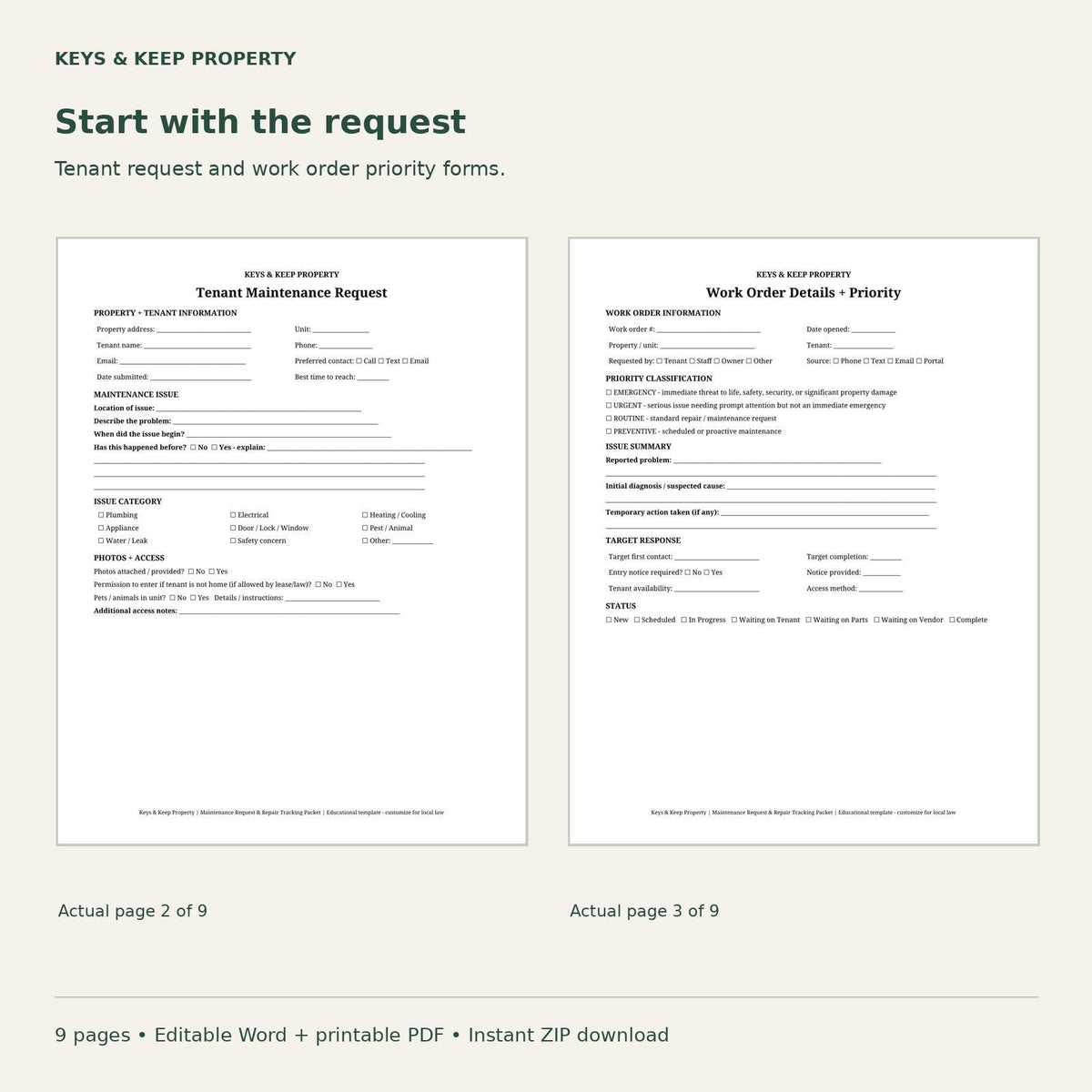 Landlord Maintenance Packet | 9-Page Repair & Vendor Tracker, Editable Word + Printable PDF