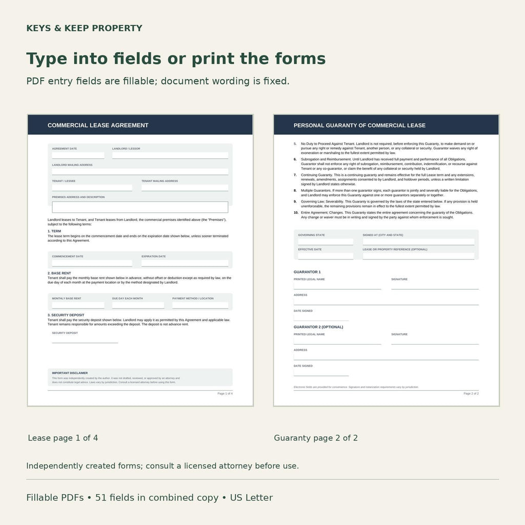 Commercial Lease Agreement + Personal Guaranty Bundle (Fillable PDF)