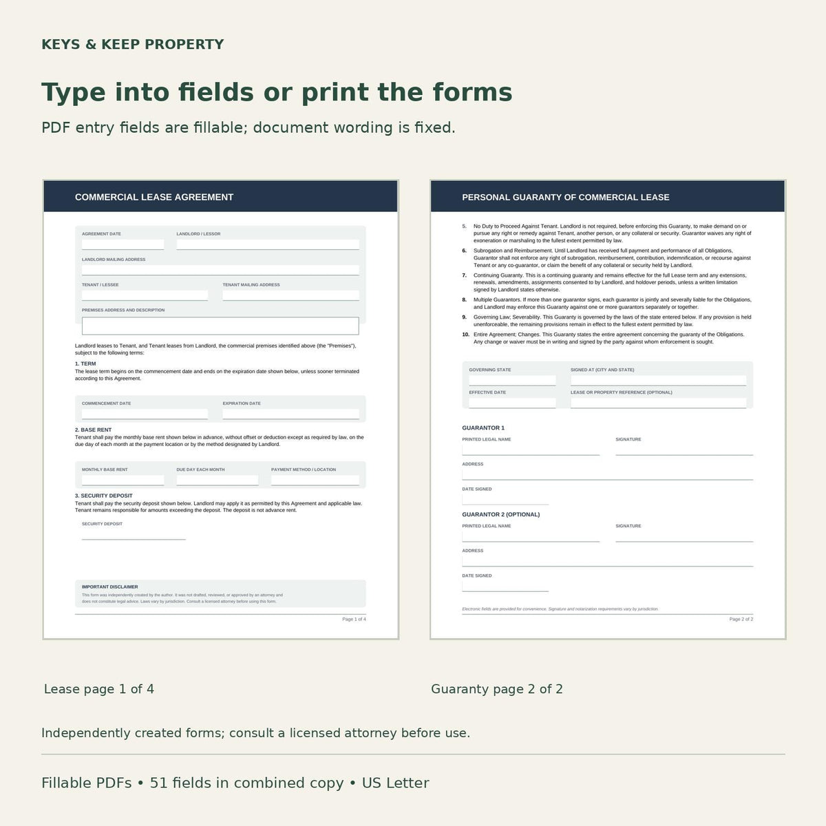 Commercial Lease Agreement + Personal Guaranty Bundle (Fillable PDF)