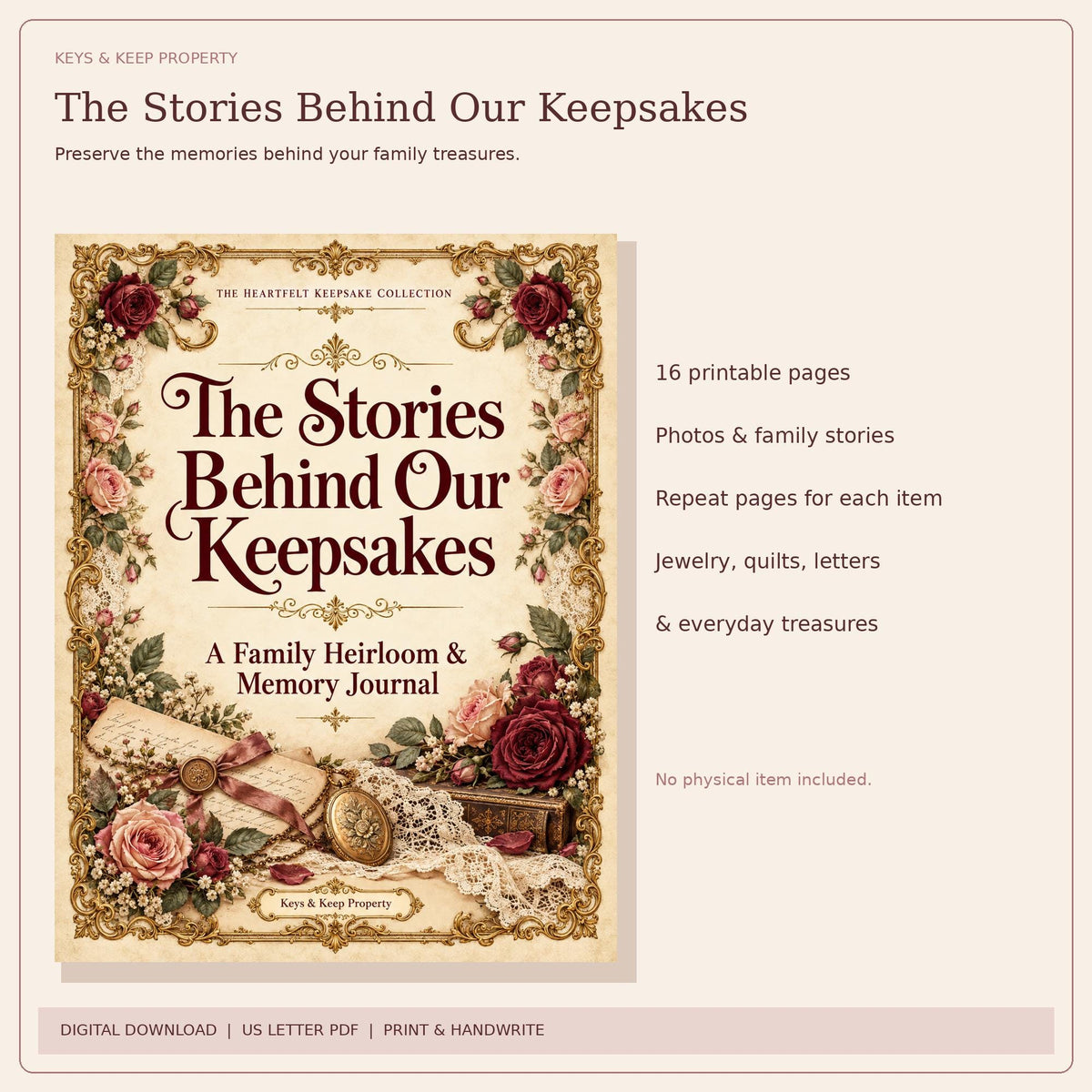Family Keepsake Journal Printable | Heirloom Stories, Photos and Family Memories | 16-Page PDF