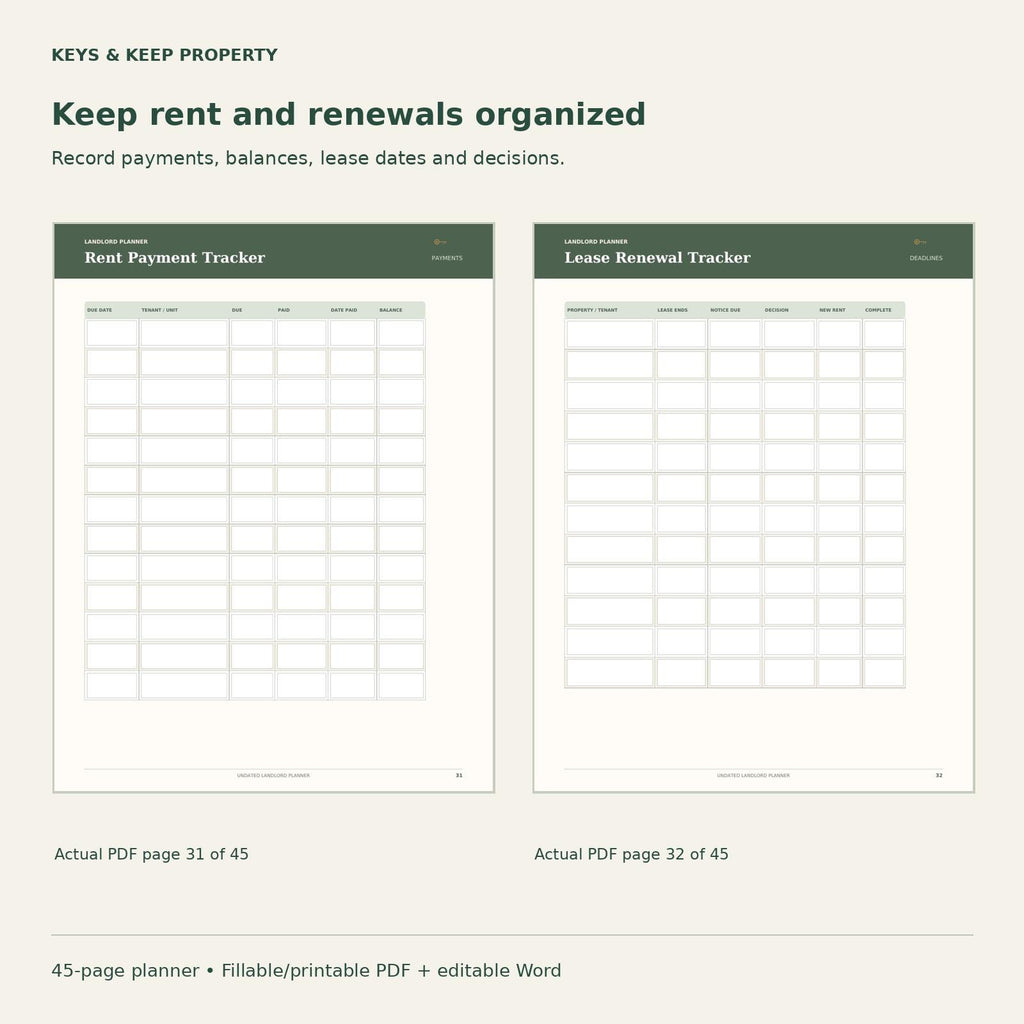 Landlord Planner | Rent, Tenant, Maintenance and Expense Records | 45-Page Fillable + Printable PDF and Editable Word