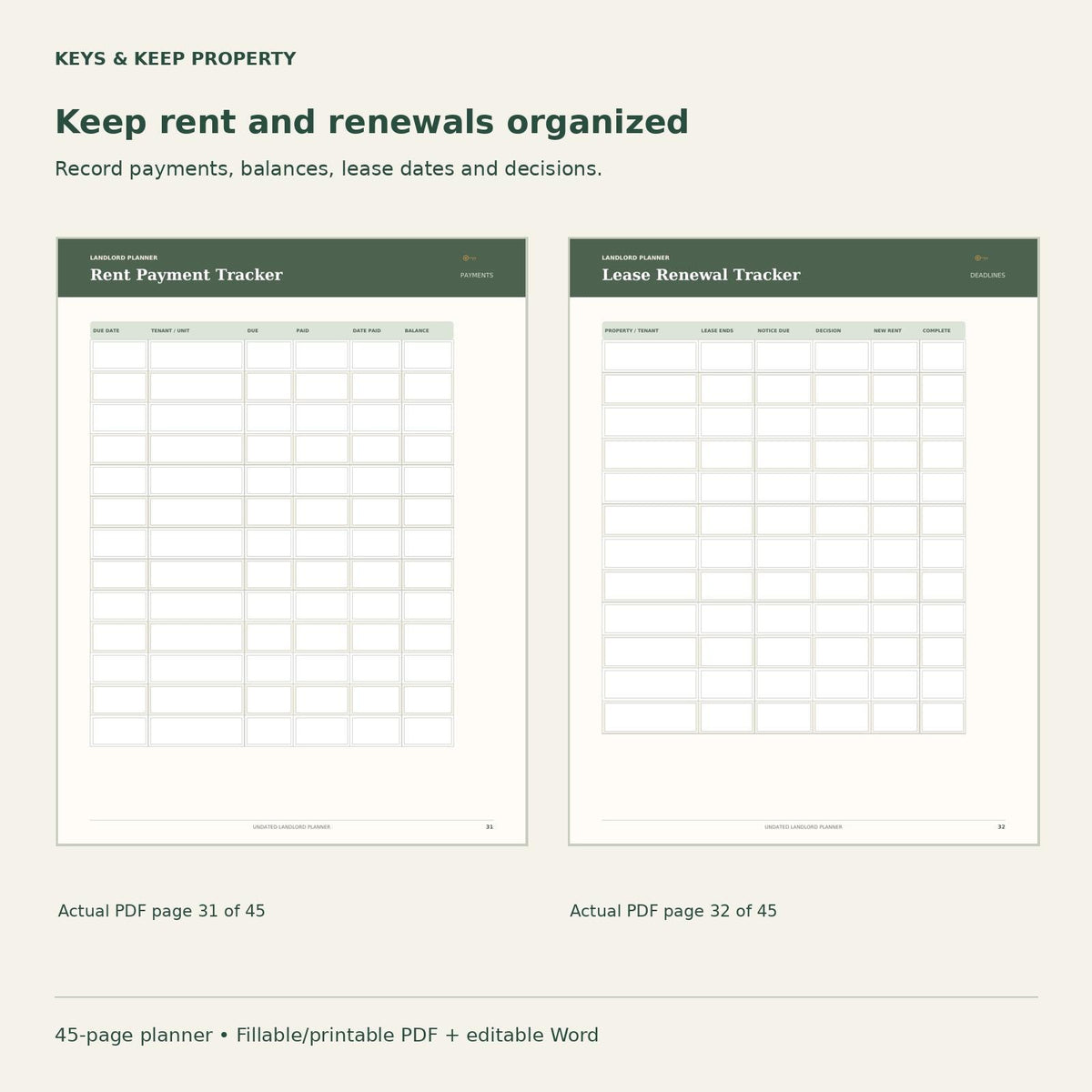 Landlord Planner | Rent, Tenant, Maintenance and Expense Records | 45-Page Fillable + Printable PDF and Editable Word