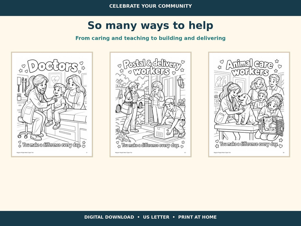 Community Helpers Coloring Book for Kids, Everyday Heroes Printable, Kindness Activities, Teacher Classroom PDF, 21 Pages