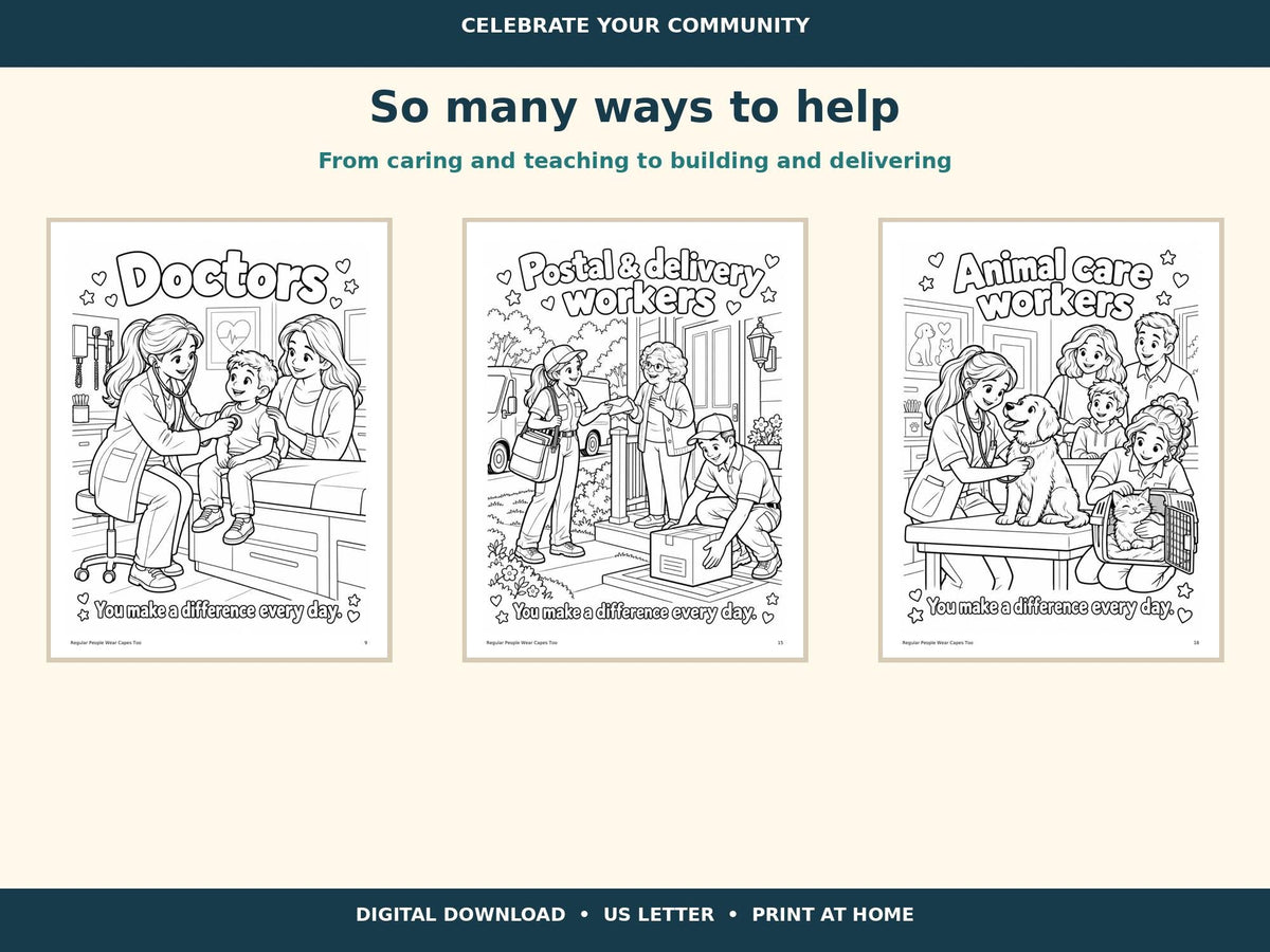 Community Helpers Coloring Book for Kids, Everyday Heroes Printable, Kindness Activities, Teacher Classroom PDF, 21 Pages