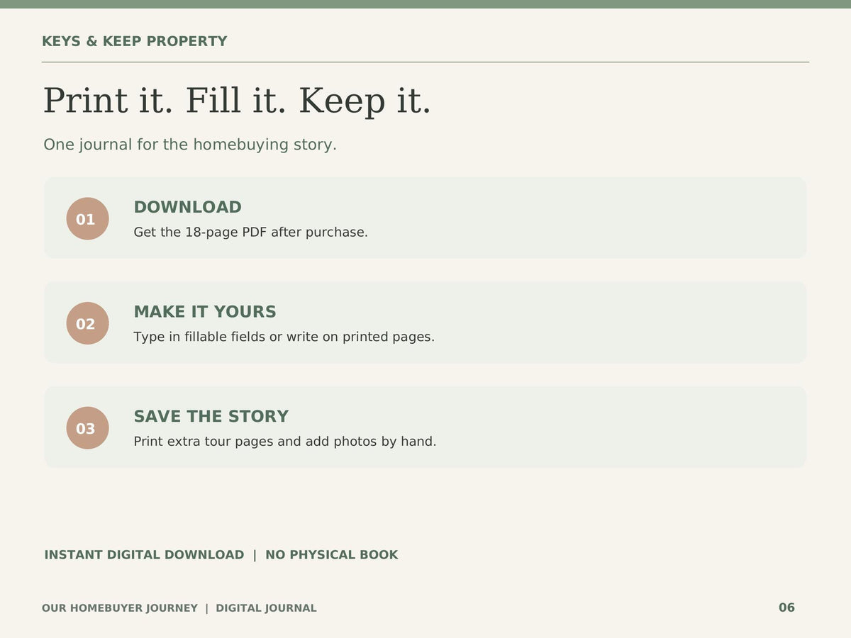 Homebuyer Journey Journal | 18-Page Printable & Fillable PDF | House Hunting Memory Book