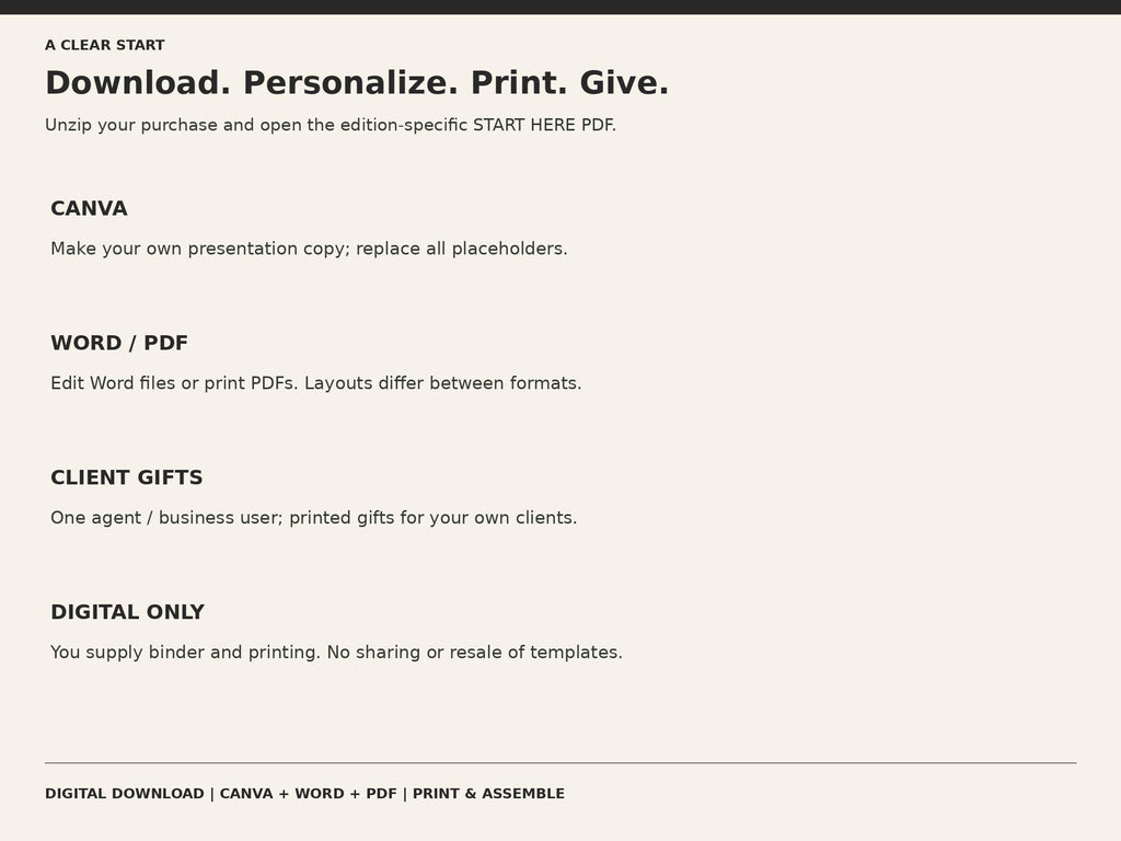 Download, personalize, print, and give instructions for the real estate presentation and closing gift bundle.