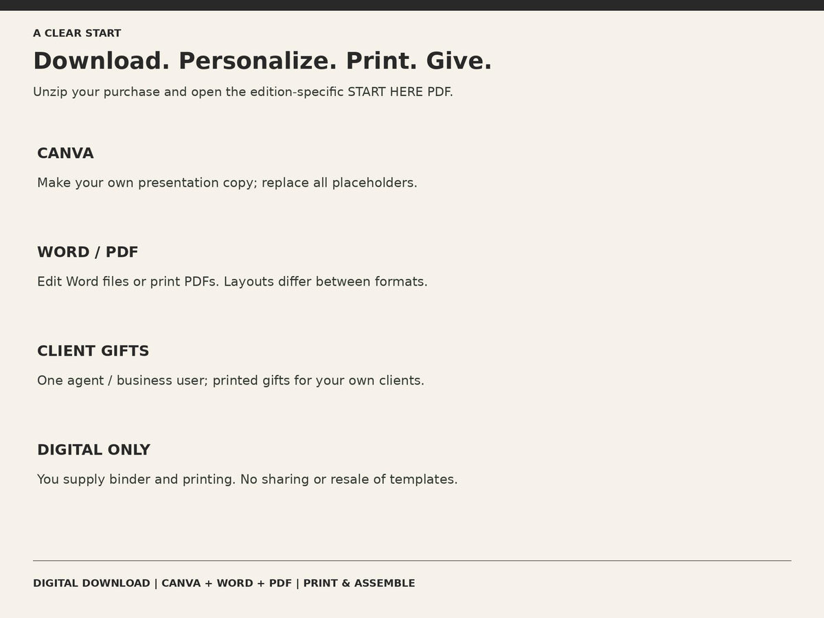 Download, personalize, print, and give instructions for the real estate presentation and closing gift bundle.