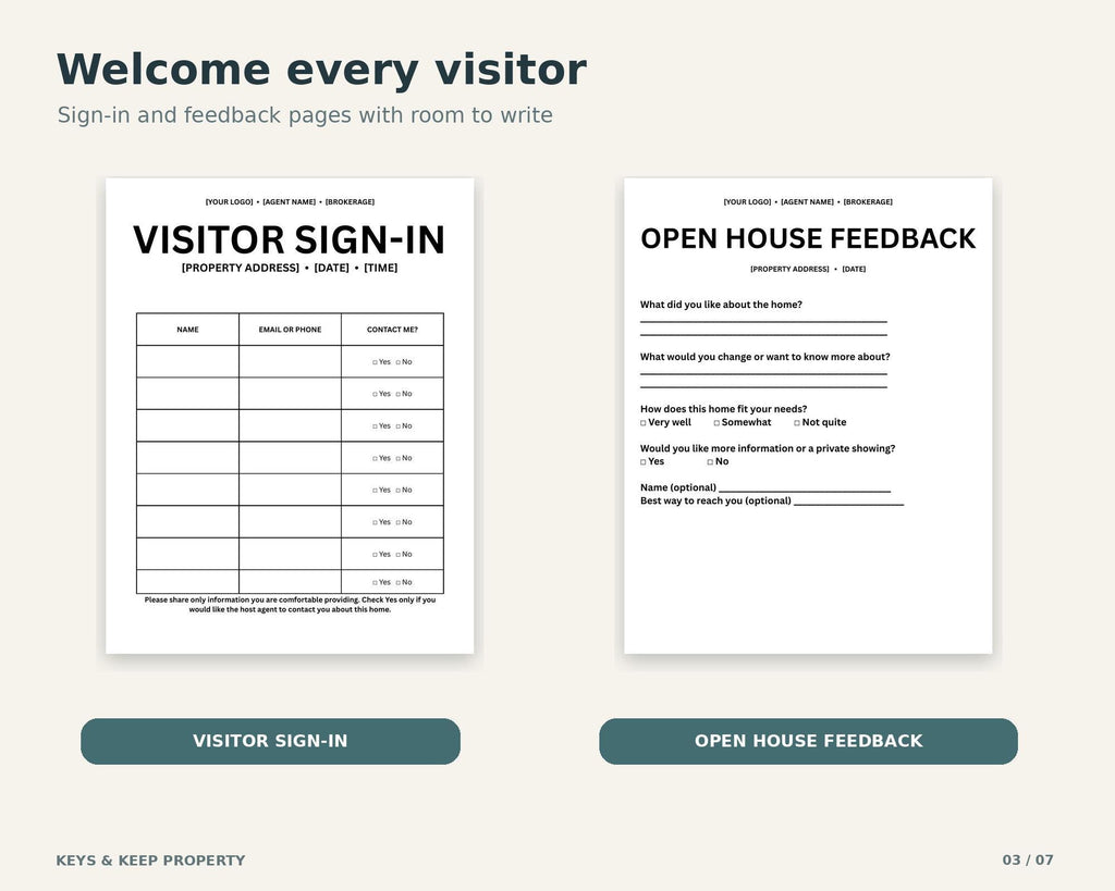 Open-house Visitor Sign-In and Open House Feedback page previews shown side by side beneath Welcome every visitor.