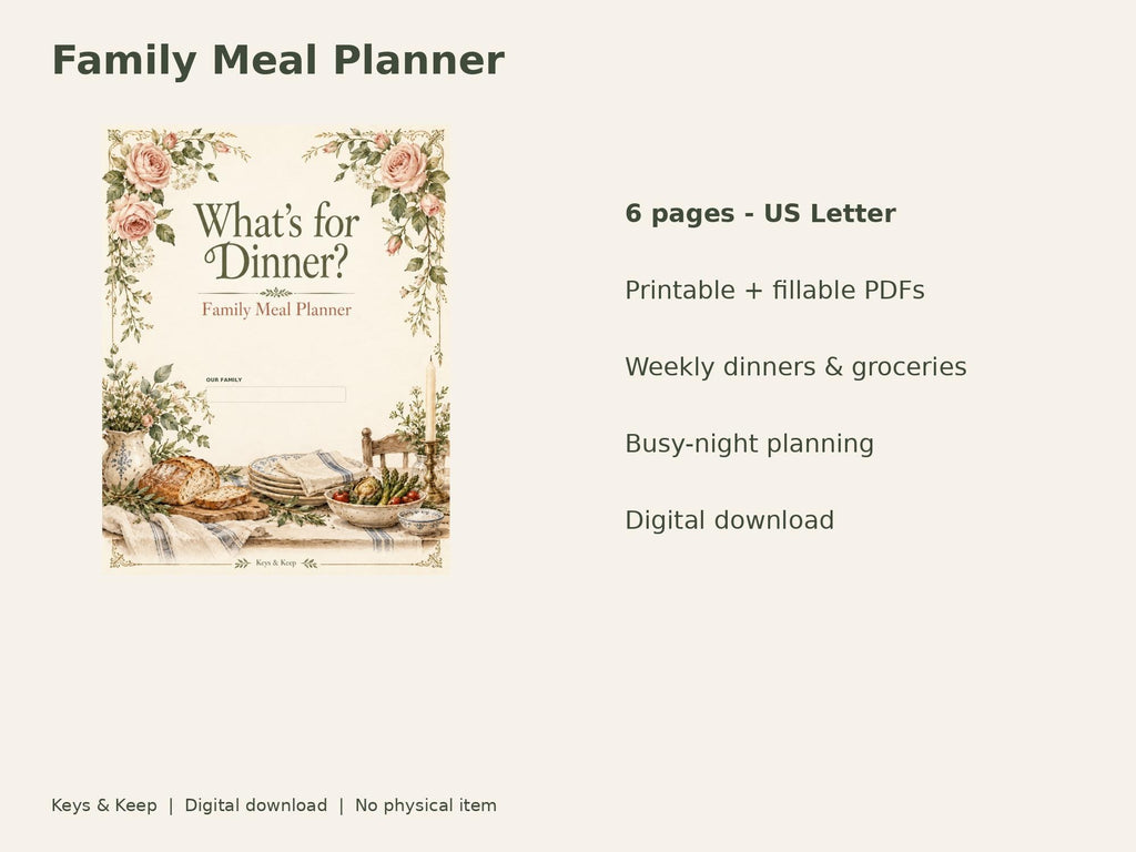 Family Meal Planner | Weekly Dinner Plan, Grocery List and Busy-Night Meals | 6-Page Printable + Fillable PDF