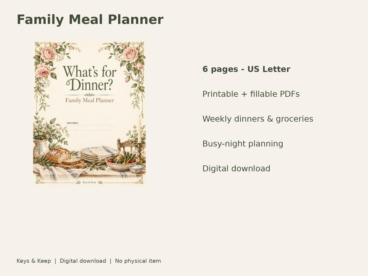Family Meal Planner | Weekly Dinner Plan, Grocery List and Busy-Night Meals | 6-Page Printable + Fillable PDF