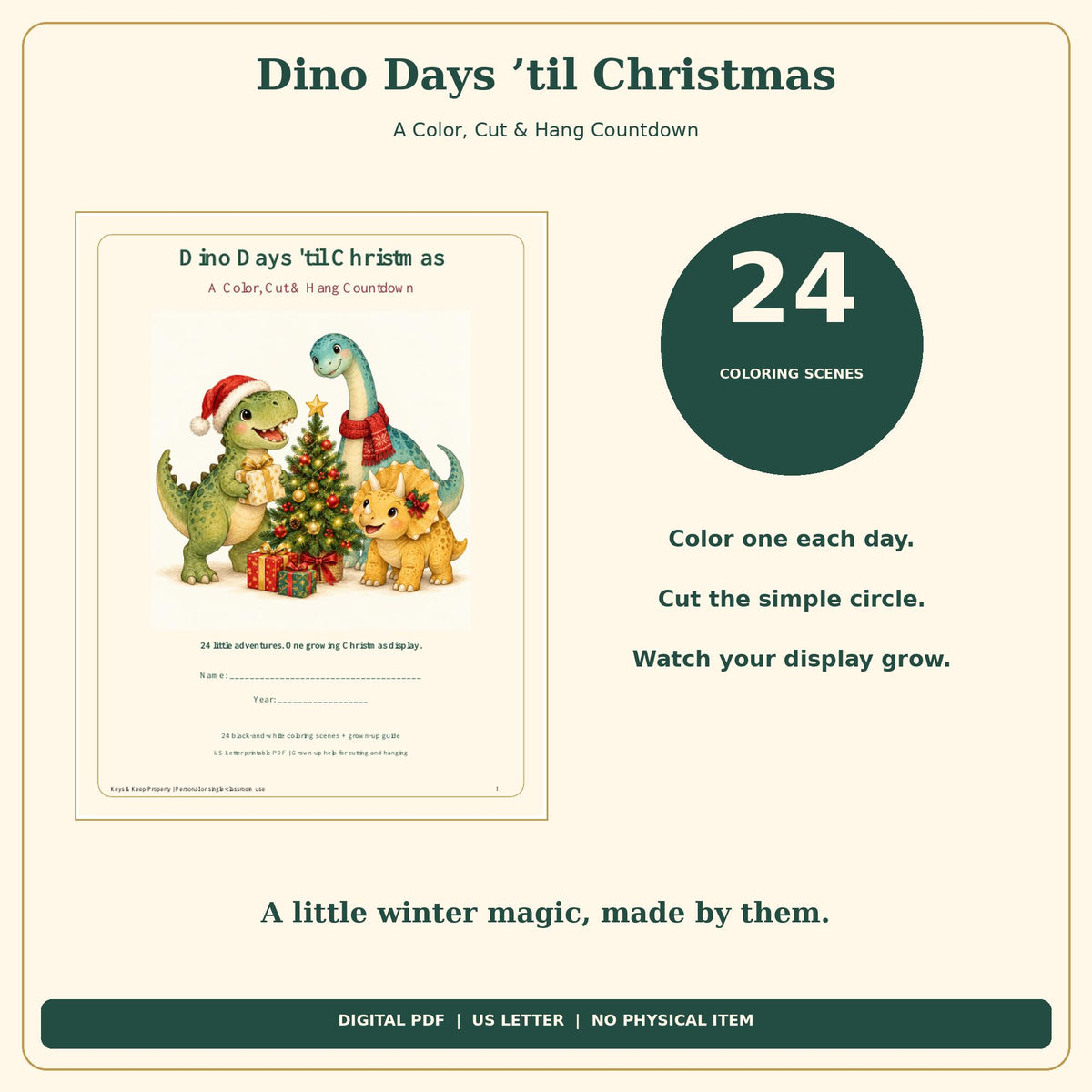 Dinosaur Christmas Countdown Printable | 24 Color and Hang Scenes, Easy Cut Circles | 26-Page PDF
