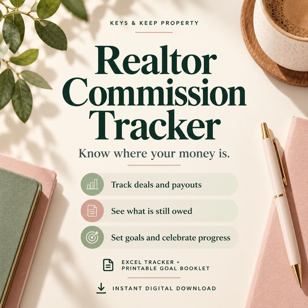 Realtor Commission Tracker | Excel + Google Sheets Closing & Payout Spreadsheet + Printable Motivation Booklet