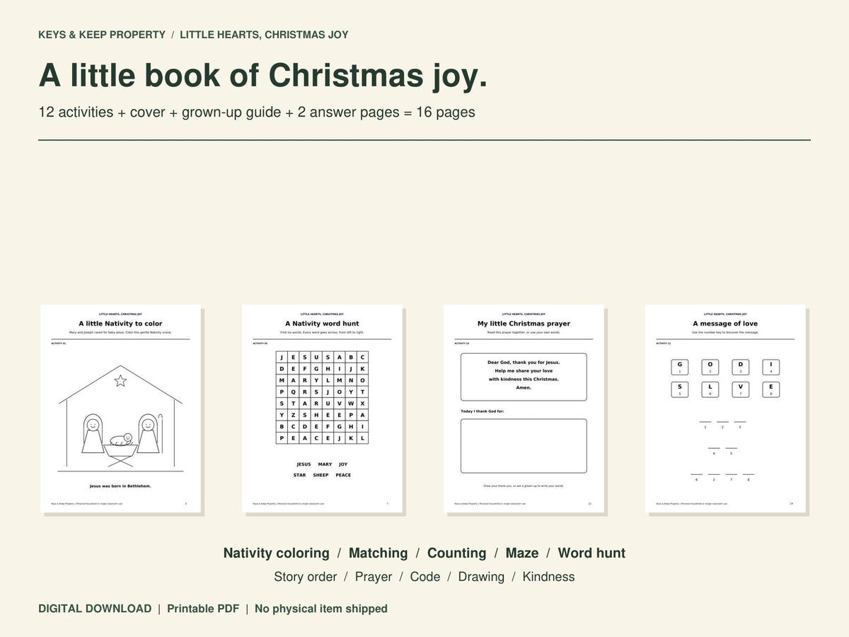 Christian Christmas Activity Book for Kids | Nativity Coloring & Puzzles | Sunday School Printable PDF | Ages 5-8