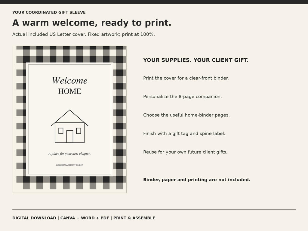 Black buffalo plaid Welcome Home binder cover with a house outline and client gift assembly instructions.