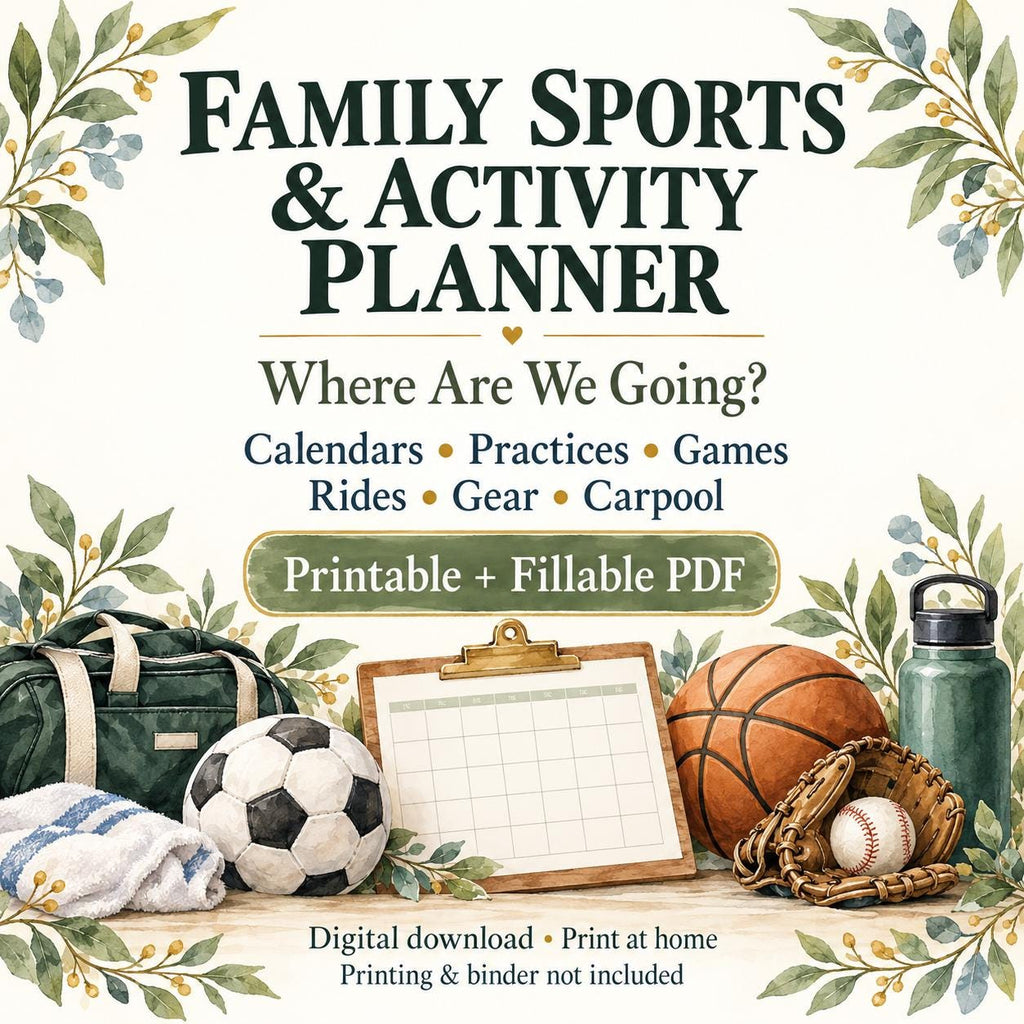 Family Sports Planner | Kids Activity Calendar, Practice Schedule and Carpool Plan | 8-Page Printable + Fillable PDF