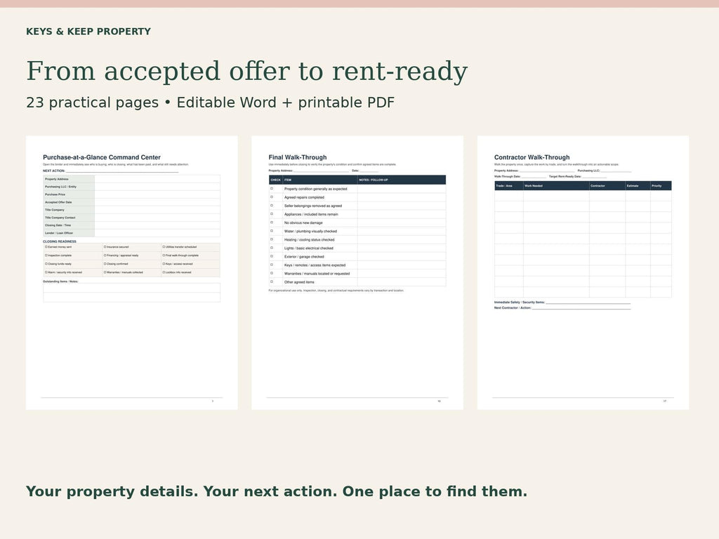 Rental Property Purchase Binder | 23-Page Printable PDF & Editable Word, Closing Checklist