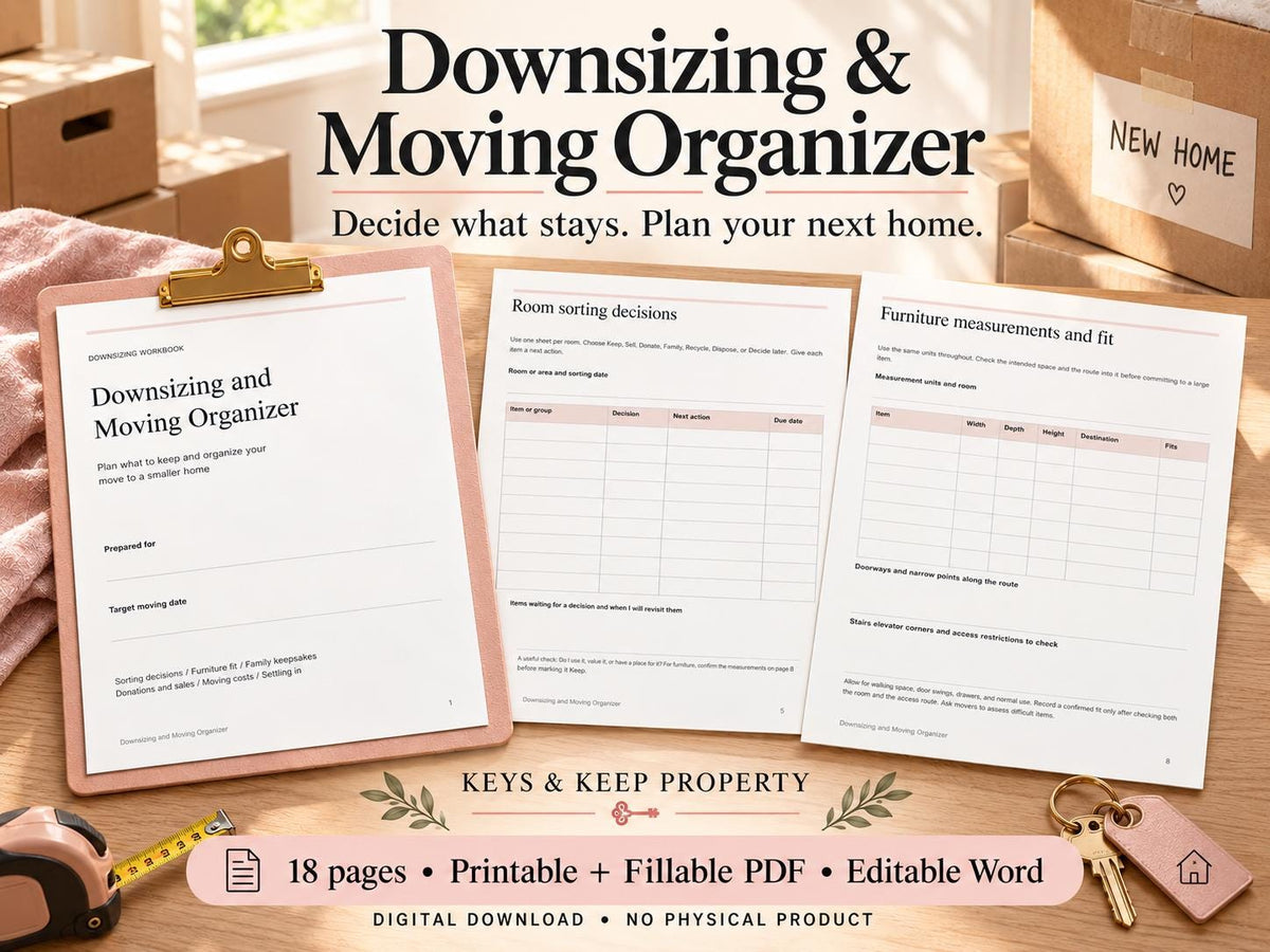 Moving Planner and Downsizing Organizer | Packing Checklist, Moving Budget | 18-Page Fillable PDF + Editable Word
